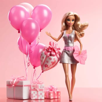 Blonde-haired Barbie doll, next to pink balloons and gifts. Gifts as a day symbol of present and love. A time of falling in love and love.