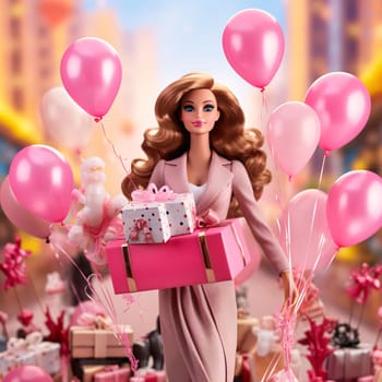 Blonde-haired Barbie doll, next to pink balloons and gifts. Gifts as a day symbol of present and love. A time of falling in love and love.