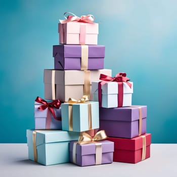 A stack of colorful gifts with bows. Gifts as a day symbol of present and love. A time of falling in love and love.
