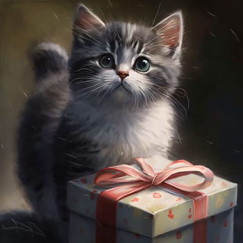 A small cat with a gold gift with a bow. Gifts as a day symbol of present and love. A time of falling in love and love.
