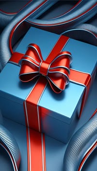 Blue gift with red bow, futuristic image. Gifts as a day symbol of present and love. A time of falling in love and love.