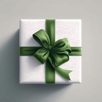 Top view of white gift with green bow. Gifts as a day symbol of present and love. A time of falling in love and love.