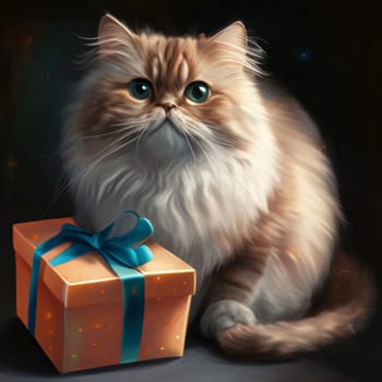 A small cat with a gold gift with a blue bow. Gifts as a day symbol of present and love. A time of falling in love and love.