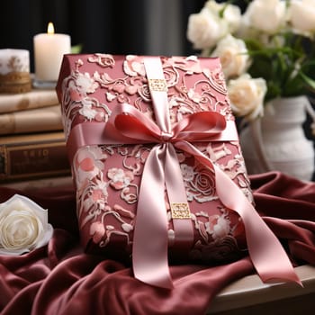 Pink gift with ornaments and pink bow in the background white roses. Gifts as a day symbol of present and love. A time of falling in love and love.