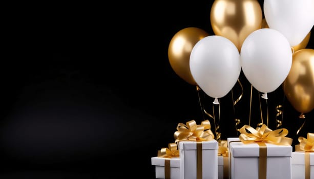 White gifts with gold bows balloons, black background, side view.Valentine's Day banner with space for your own content. Heart as a symbol of affection and love.