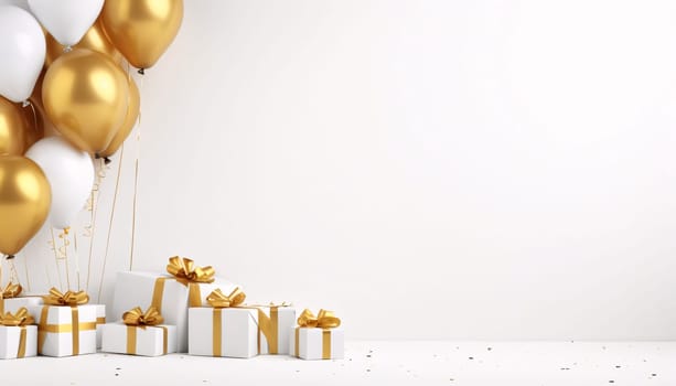 White gifts with gold bows, white and gold balloons, bright white background.Valentine's Day banner with space for your own content. Heart as a symbol of affection and love.