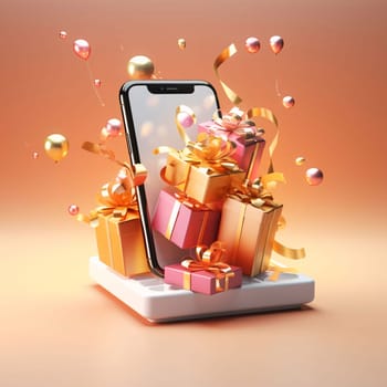 Abstract Gifts with Cocards. Golden balls and smartphone screen on white podium, orange background.Valentine's Day banner with space for your own content. Heart as a symbol of affection and love.