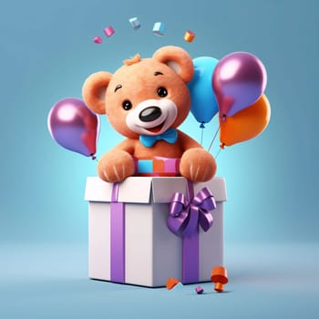 Plush teddy bear white box with purple bow balloons, blue background.Valentine's Day banner with space for your own content. Heart as a symbol of affection and love.