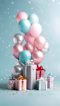 Silver and blue balloons and gifts with bow, confetti, bright background.Valentine's Day banner with space for your own content. Heart as a symbol of affection and love.