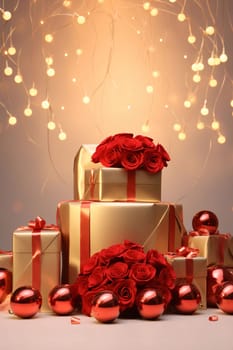 Gold Gifts with Red Bombs, Cocards and Roses. Lights glowing from the top. Gifts as a day symbol of present and love. A time of falling in love and love.