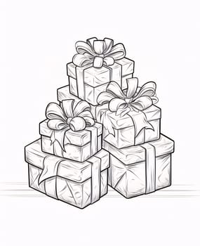 Black and white coloring page; pile of gifts with bows. Gifts as a day symbol of present and love. A time of falling in love and love.