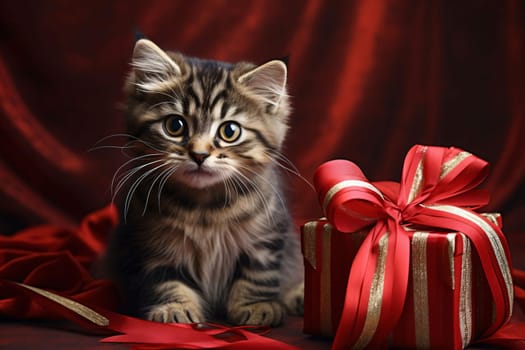 A small kitten with a red gift on a red background. Gifts as a day symbol of present and love. A time of falling in love and love.