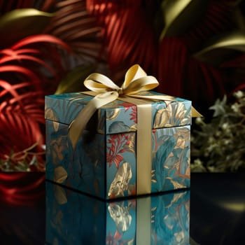 Blue box with ornaments and gold ribbon in the background of red long leaves mirrored. Gifts as a day symbol of present and love. A time of falling in love and love.