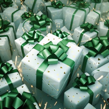 White gifts, boxes with green ribbons. Gifts as a day symbol of present and love. A time of falling in love and love.