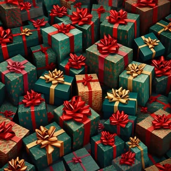Dozens of boxes, gifts with red and gold bows. Gifts as a day symbol of present and love. A time of falling in love and love.