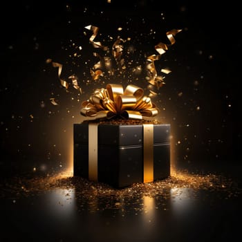 Black gift with a gold bow around gold dust, confetti and streamers. Gifts as a day symbol of present and love. A time of falling in love and love.