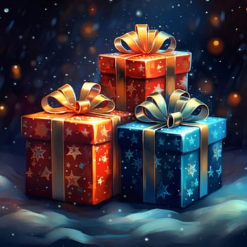 Three gifts with bows decorated with stars around snow falling snow illustration. Gifts as a day symbol of present and love. A time of falling in love and love.