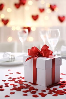 A white gift, a box with a red bow around scattered red hearts, glasses, a plate, a romantic dinner. Gifts as a day symbol of present and love. A time of falling in love and love.