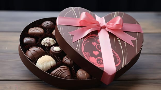 Heart-shaped box with chocolates and a pink bow on a wooden top. Gifts as a day symbol of present and love. A time of falling in love and love.