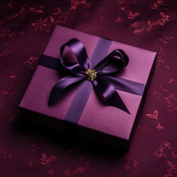 Purple gift box with bow on dark background. Gifts as a day symbol of present and love. A time of falling in love and love.