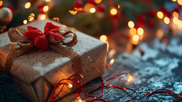 White gift with a red bow around small Christmas tree lights. Gifts as a day symbol of present and love. A time of falling in love and love.