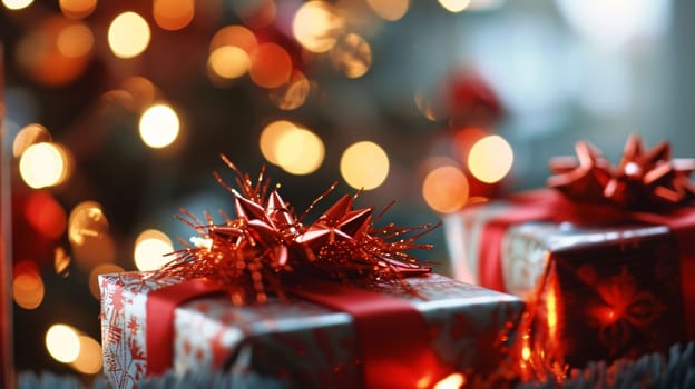 Two white gifts with a red bow around small Christmas tree lights. Gifts as a day symbol of present and love. A time of falling in love and love.