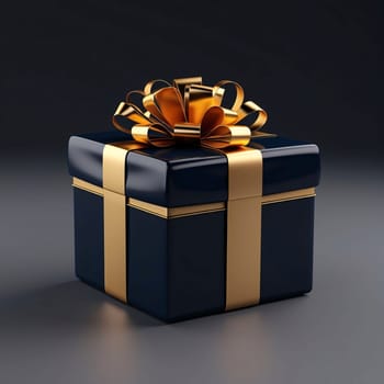 Black gift with a gold bow on a dark background. Gifts as a day symbol of present and love. A time of falling in love and love.