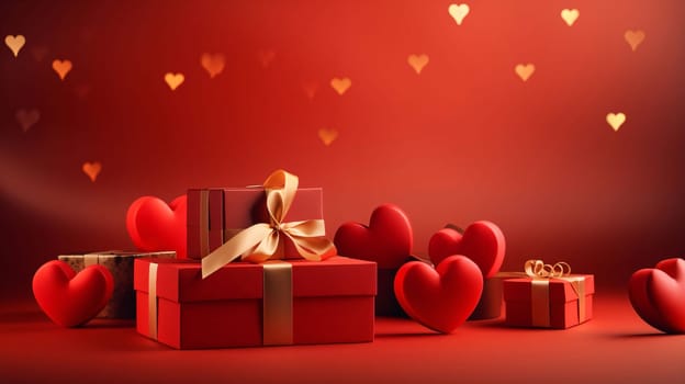 Red gifts with gold bows, red hearts on red background.Valentine's Day banner with space for your own content. Heart as a symbol of affection and love.