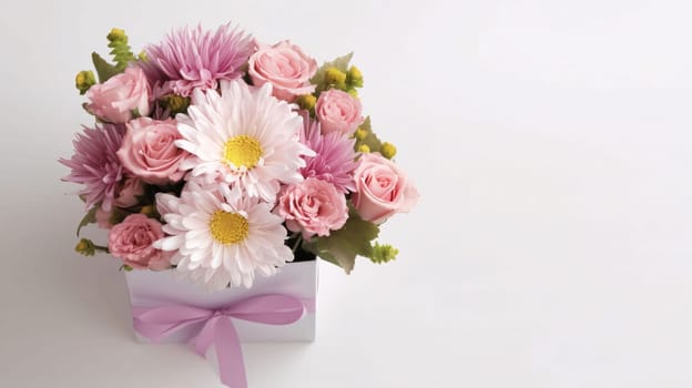 Top view of a bouquet of paper flowers in a vase with a pink bow white background.Valentine's Day banner with space for your own content. Heart as a symbol of affection and love.