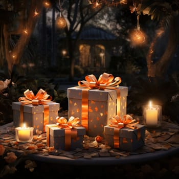 Romantically prepared gifts with gold karts around candles, trees, vegetation, home garden. Gifts as a day symbol of present and love. A time of falling in love and love.