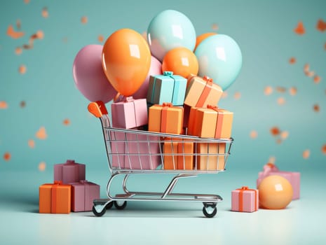 A shopping cart, full of gifts and balloons. Gifts as a day symbol of present and love. A time of falling in love and love.