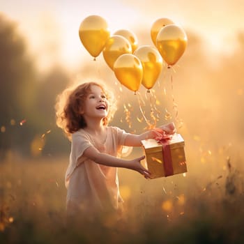 Happy child holding a gift, a box with attached golden balloons. Running through the meadow. Gifts as a day symbol of present and love. A time of falling in love and love.