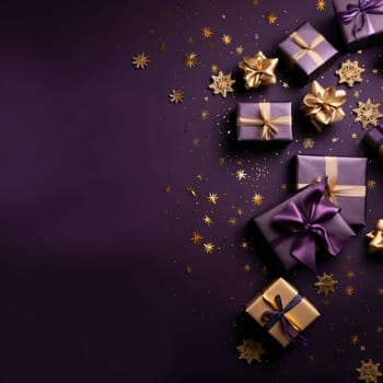 Top view of purple boxes, gifts with gold bows and gold scattered confetti, blue background. Gold stars.Valentine's Day banner with space for your own content. Heart as a symbol of affection and love.