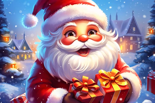 Illustration of jolly Santa Claus with Red Gifts winter landscape in the background.Valentine's Day banner with space for your own content. Heart as a symbol of affection and love.