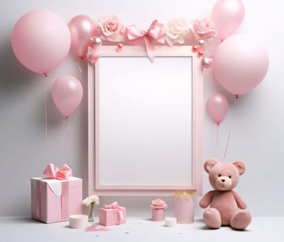 White blank card with space for your own content around teddy bear balloons, pink gifts. Gifts as a day symbol of present and love. A time of falling in love and love.