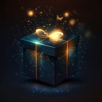 Dark gift box with a glowing light bow around fine light dust. Gifts as a day symbol of present and love. A time of falling in love and love.