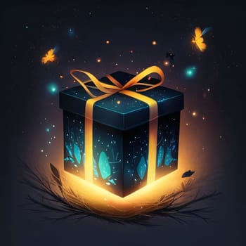 Dark gift box with a glowing light bow around fine light dust. Gifts as a day symbol of present and love. A time of falling in love and love.