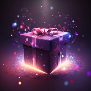 Gift box with a bow around colorful bokeh effect. Gifts as a day symbol of present and love. A time of falling in love and love.