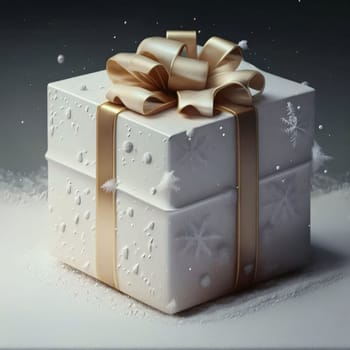 White box with gold bow all around snow snowflakes. Gifts as a day symbol of present and love. A time of falling in love and love.