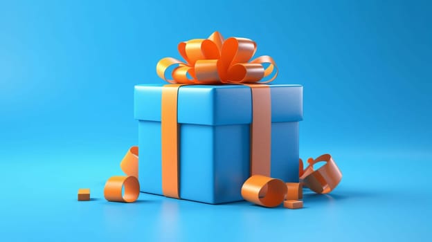 Blue gift, box with orange bow on blue background. Gifts as a day symbol of present and love. A time of falling in love and love.