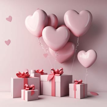 Pink boxes, gifts, arcade jump, heart-shaped balloons.Valentine's Day banner with space for your own content. Heart as a symbol of affection and love.