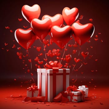 White boxes with red bows and heart-shaped balloons, with hearts in the background. Gifts as a day symbol of present and love. A time of falling in love and love.