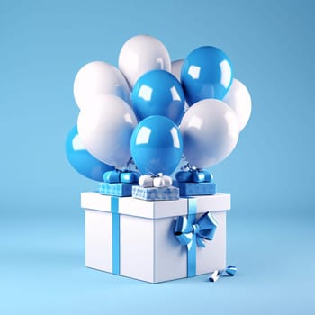 Blue and white balloons blue gift with a blue bow on a blue background. Gifts as a day symbol of present and love. A time of falling in love and love.