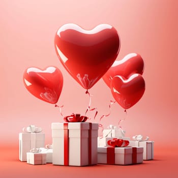 White boxes with red bows and heart-shaped balloons, with hearts in the background. Gifts as a day symbol of present and love. A time of falling in love and love.