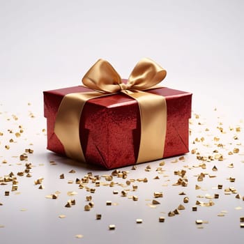 Red gift with gold bow around confetti. Light background. Gifts as a day symbol of present and love. A time of falling in love and love.