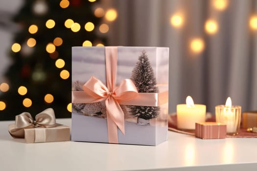 Gifts with pink candle bows and Christmas tree smudged in the background. Gifts as a day symbol of present and love. A time of falling in love and love.