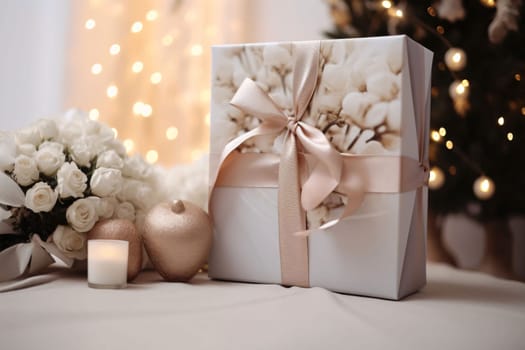 White roses candle and a gift with a bow in the background in bokech. Gifts as a day symbol of present and love. A time of falling in love and love.