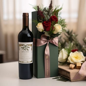 Bottle of wine decorated cardboard with a bow and red white roses, smudged background. Gifts as a day symbol of present and love. A time of falling in love and love.