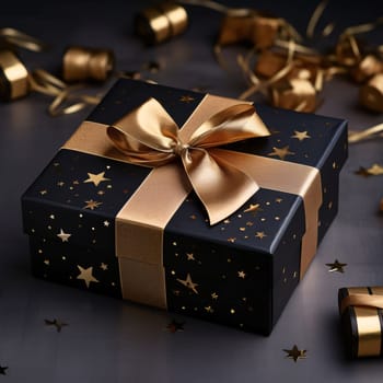 Black gift decorated with stars with a gold bow. Around the gold ornaments. Gifts as a day symbol of present and love. A time of falling in love and love.