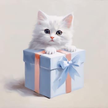 Blue gift, box and a small cat on them. Gifts as a day symbol of present and love. A time of falling in love and love.